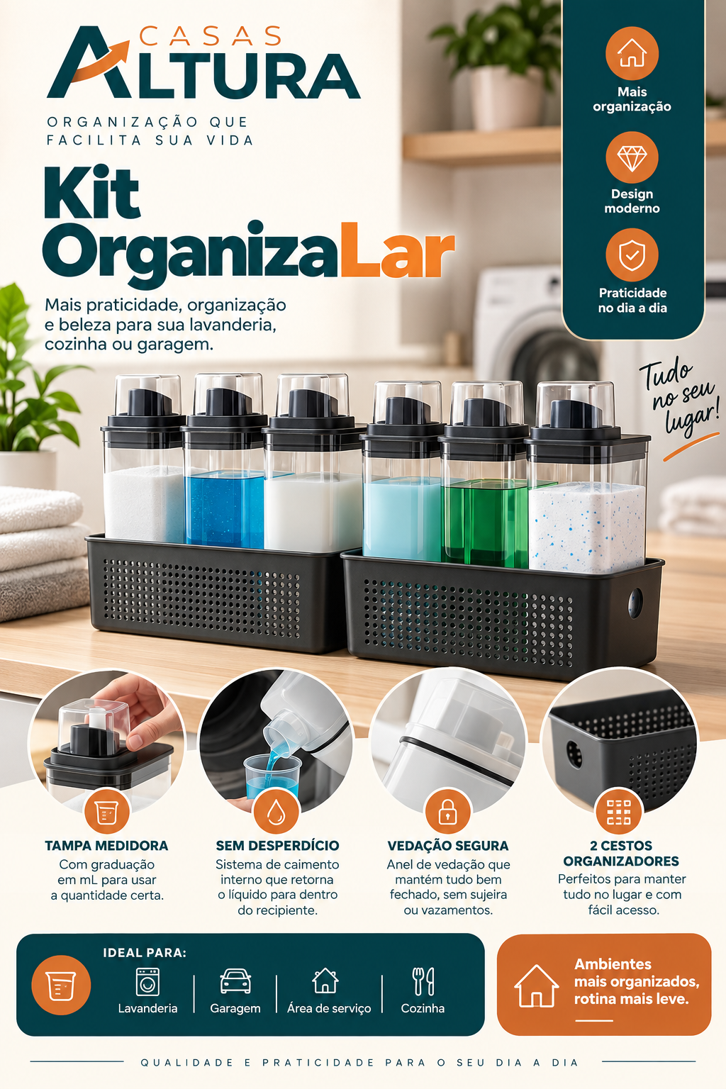 Kit OrganizaLar com dispensers e cestos organizadores