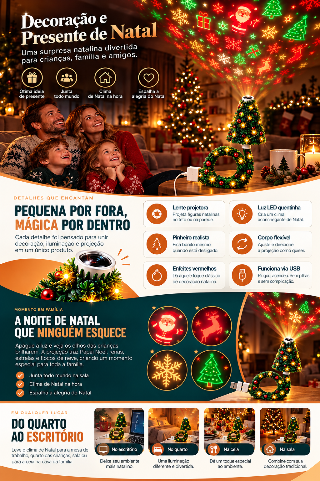 Mini árvore de Natal iluminada em ambiente familiar